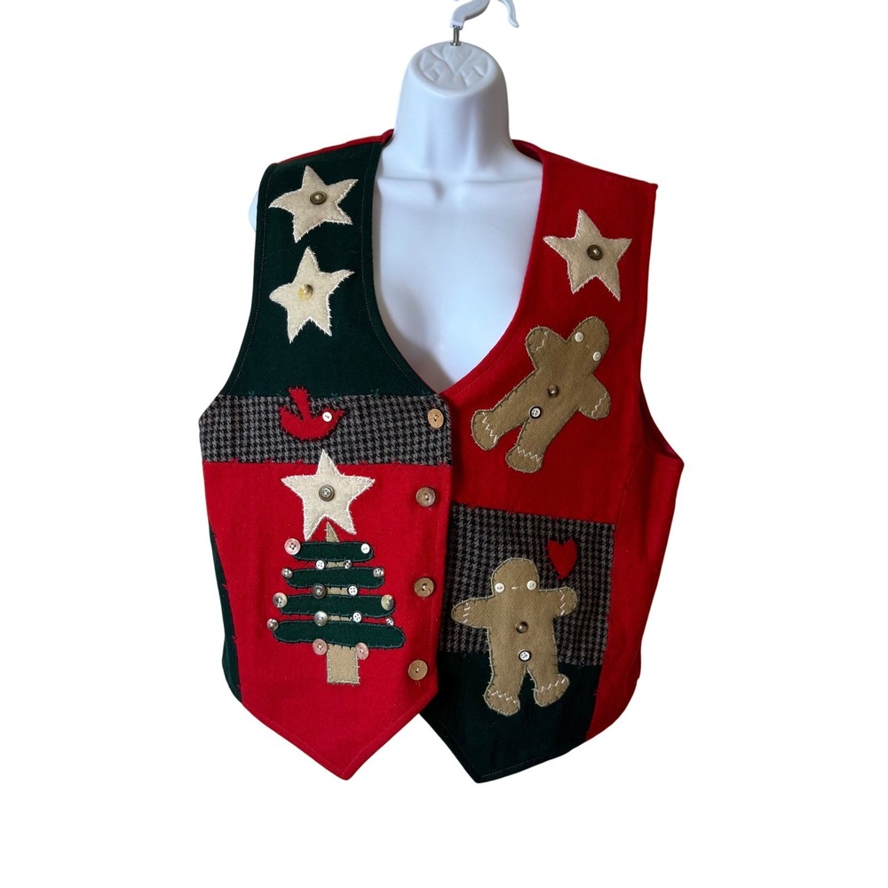 Keren Hart‎ Vintage Christmas Vest Patchwork Holiday Gingerbread Stars Women's L
